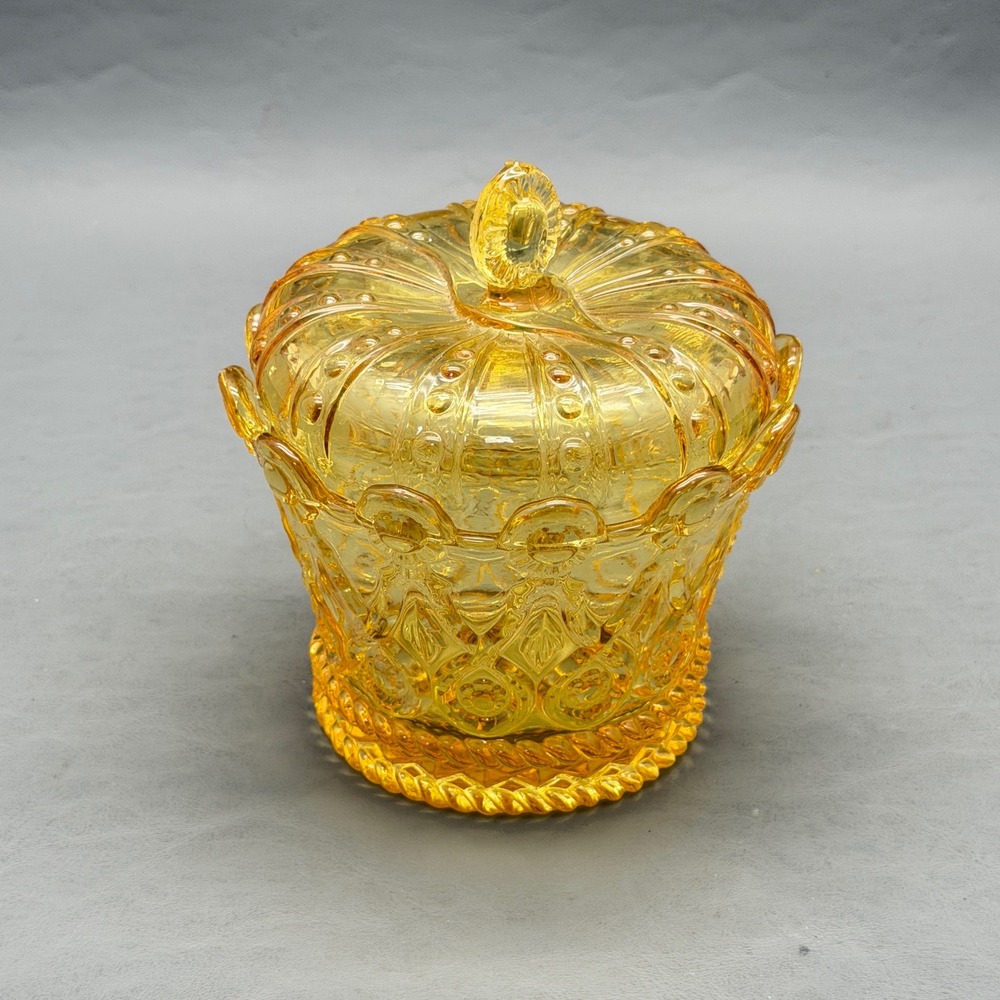 Fostoria Glass Crown Collection Gold Hapsburg Covered Candy Dish Yellow